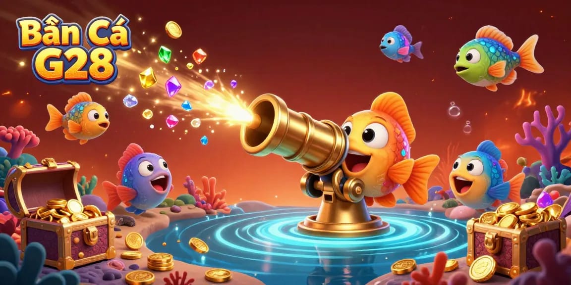 Bắn cá G28 offers exciting underwater action with vibrant fish and treasure chests bursting with coins.