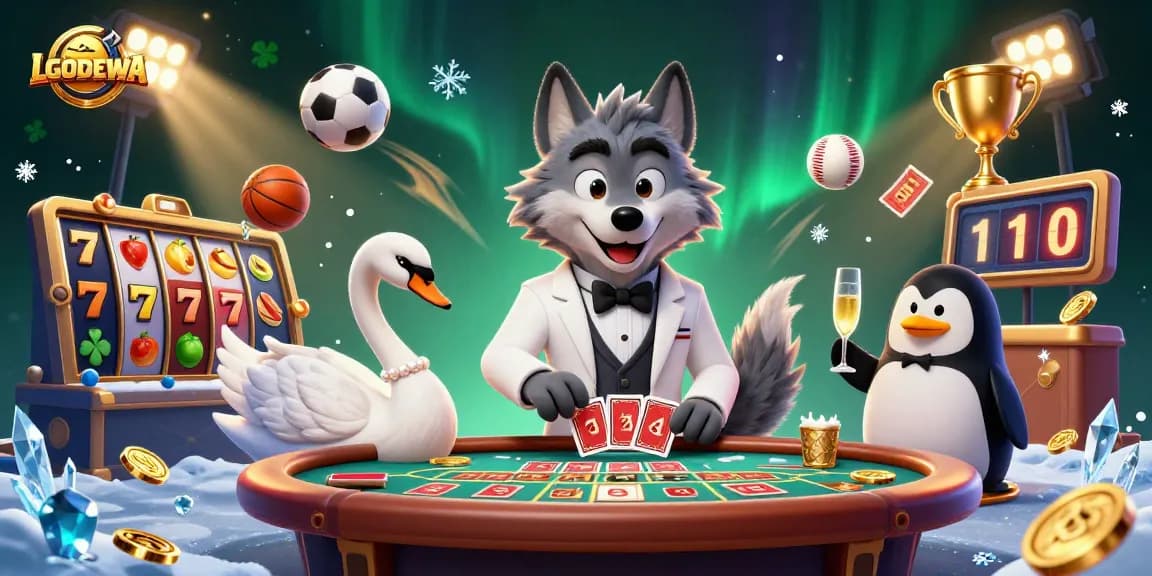 Experience thrilling wins with LGODEWA's cartoon characters at the baccarat table, surrounded by vibrant slots and casino elements.