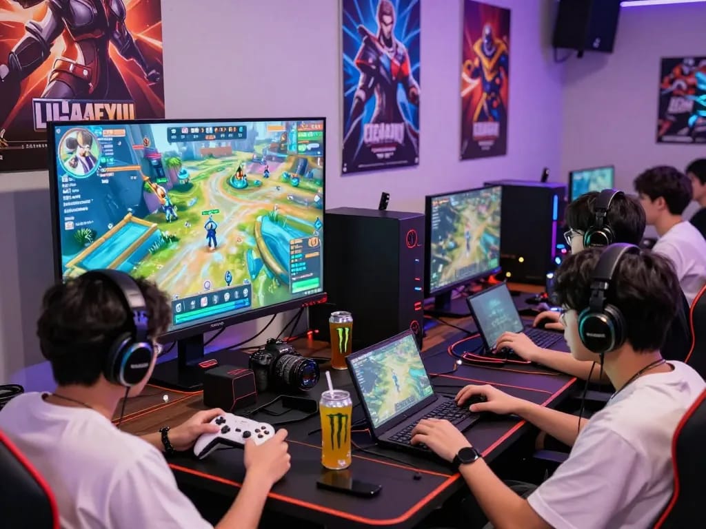Engaging gaming moment at ligasedayu.com with players focused on vibrant screens and gaming gear.