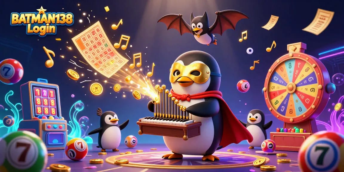 Engage with BATMAN138 Login, featuring a vibrant 3D casino scene filled with lottery and slot elements.