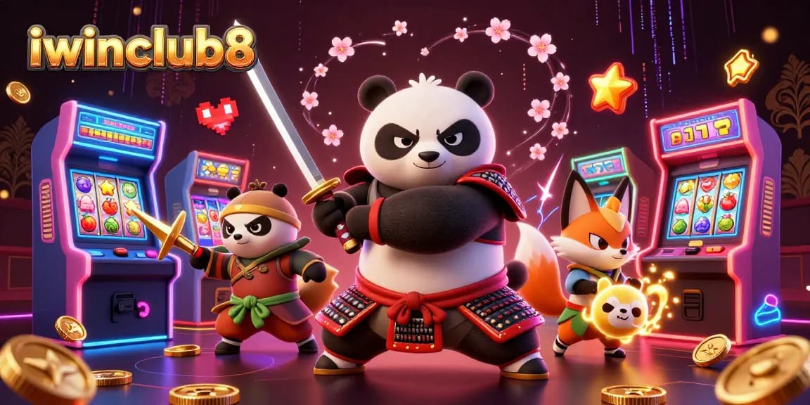 Engaging iwinclub8 graphic showcasing a samurai panda and ninja fox amid colorful slot game elements.