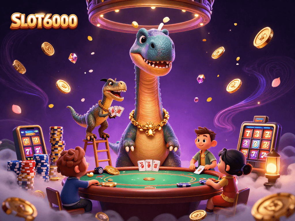 SLOT6000 showcases a vibrant 3D dinosaur casino scene with exciting card dealing action.