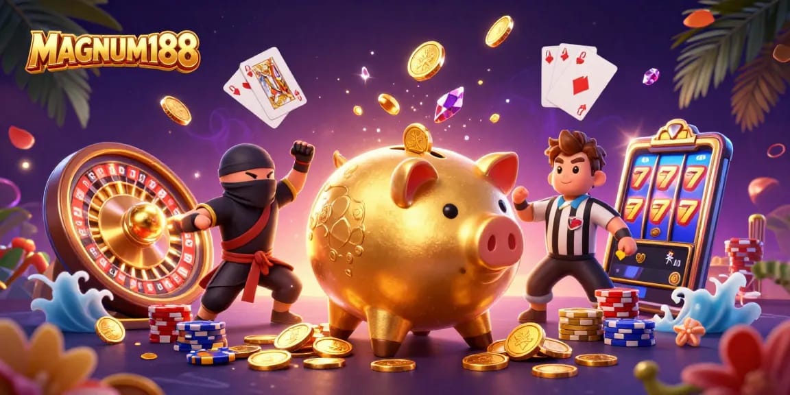 Experience thrilling action at MAGNUM188 with a vibrant 3D casino illustration showcasing a sumo wrestler and ninja characters amidst golden coins and gaming elements.