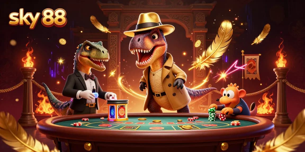 Play exciting casino games at sky 88 with animated dinosaurs creating a thrilling atmosphere.