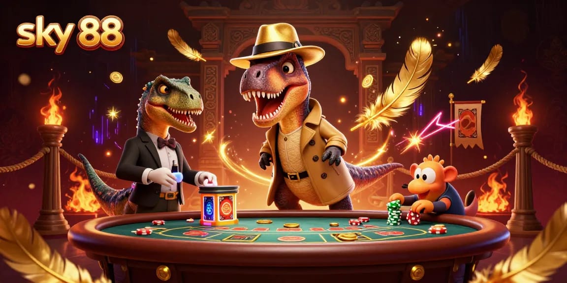 Play exciting casino games at sky 88 with animated dinosaurs creating a thrilling atmosphere.