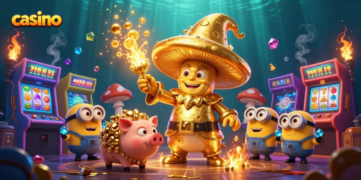 Engage with the magical casino world as a golden mushroom wizard transforms treasures into gold.
