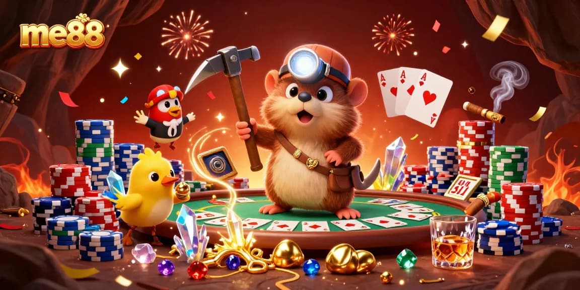 Experience me88 casino excitement with a charming treasure hunter and poker elements.