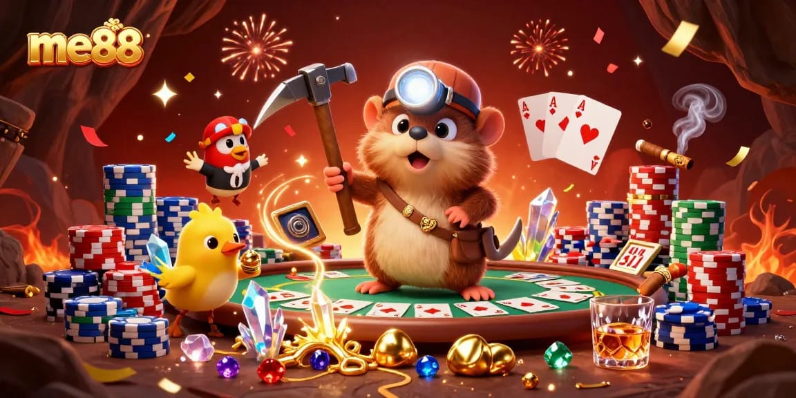 Experience me88 casino excitement with a charming treasure hunter and poker elements.
