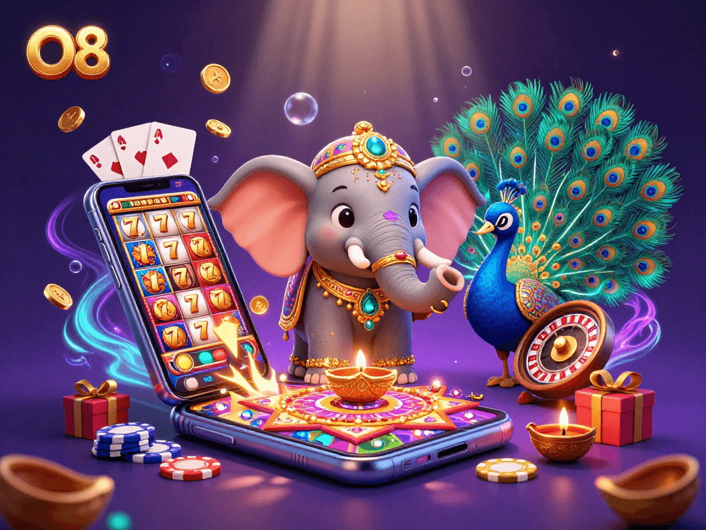 Engage with O8's vibrant 3D slot game experience featuring a colorful elephant and peacock.