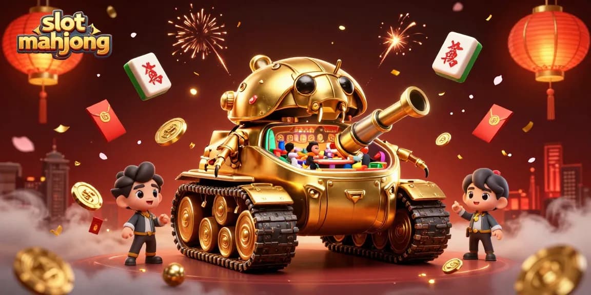 Engage with slot mahjong excitement in a vibrant 3D casino illustration featuring golden beetle tank and mahjong tiles.