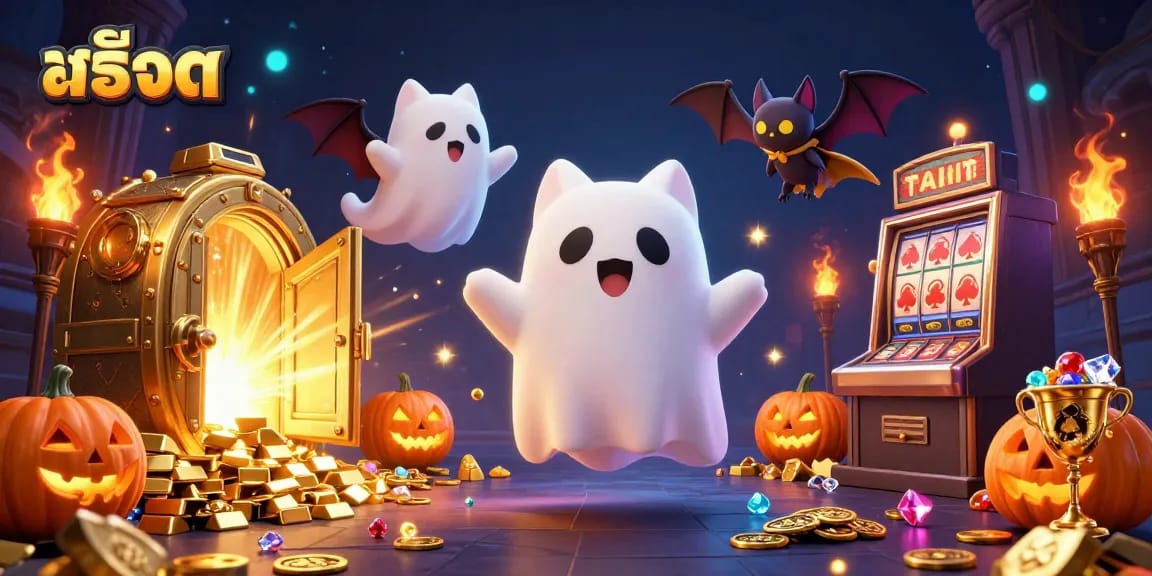 Spin the reels of สล็อต in a vibrant haunted casino with whimsical characters and treasures.