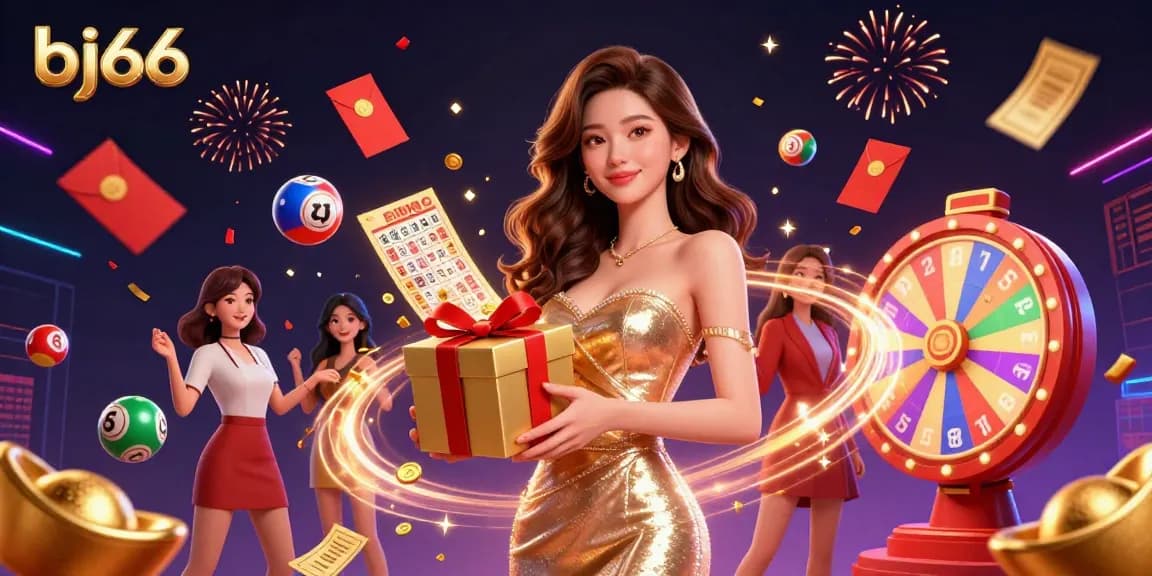 Experience thrilling gaming at bj66 with vibrant casino elements, gold coins, and festive decorations.