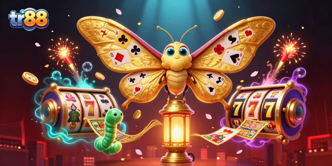 Experience excitement at tr88 with an ultra-detailed 3D casino illustration featuring vibrant slot reels and dynamic game elements.