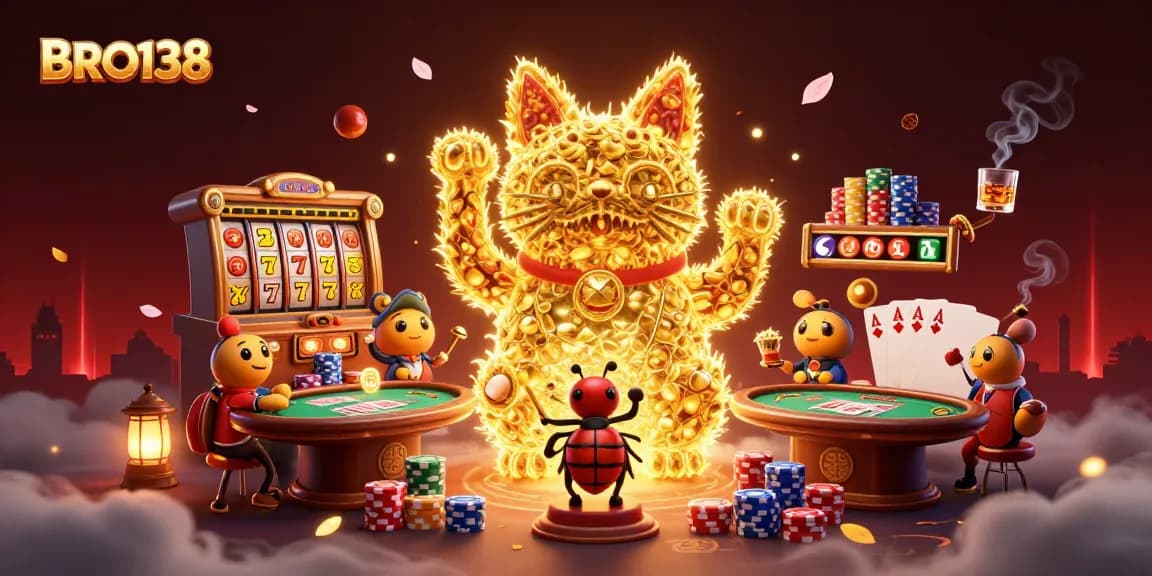 BRO138 showcases a vibrant golden lucky cat shaped from fireflies, surrounded by slot reels and poker elements.