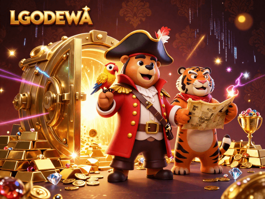 Play slots with excitement at LGODEWA, featuring pirate treasures in a vibrant casino scene.