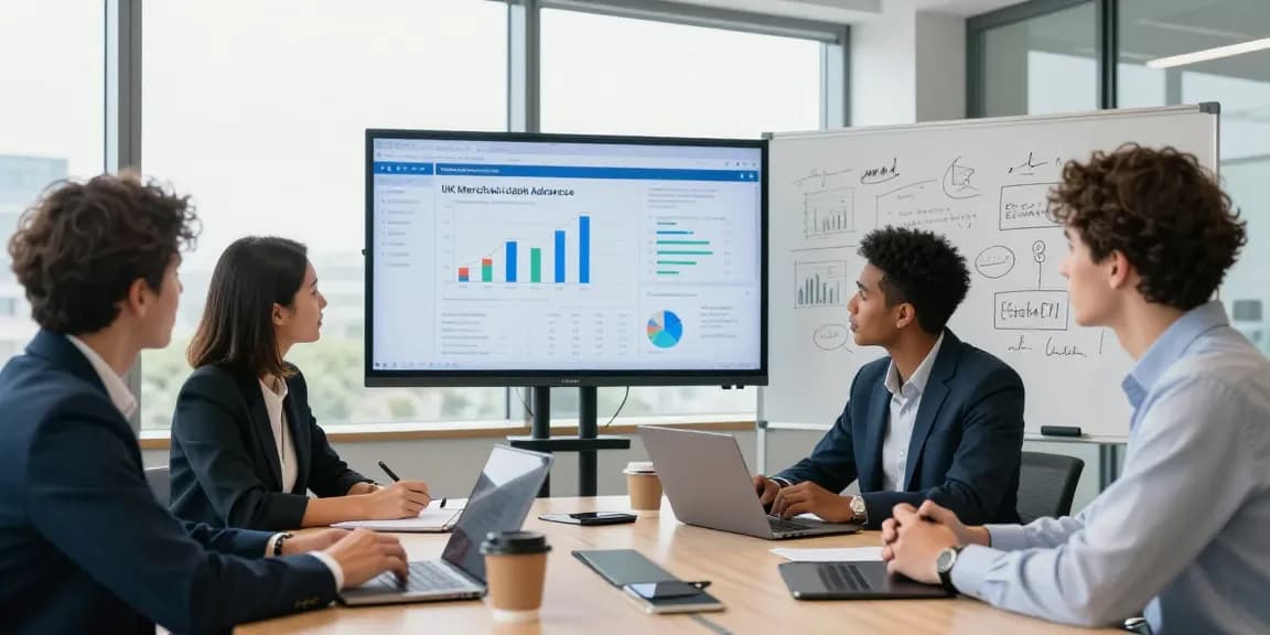 Business team discussing UK merchant cash advance strategies in a modern office.