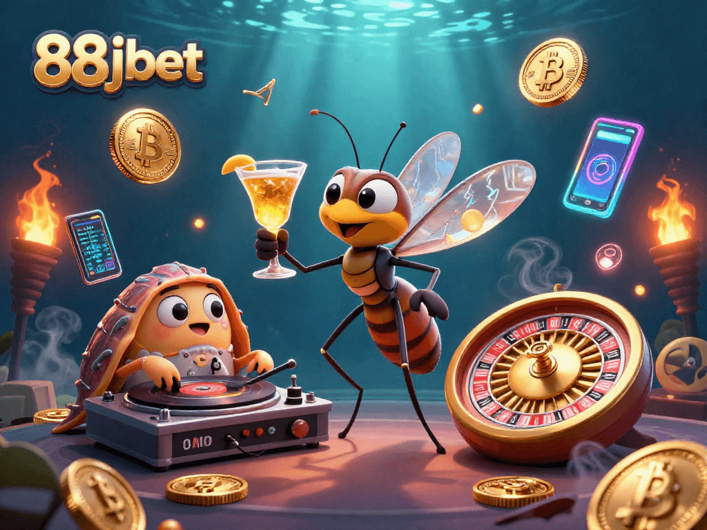 88jbet morphs into a vibrant casino scene with a frozen mosquito mascot, trilobite DJ, and glowing coins.