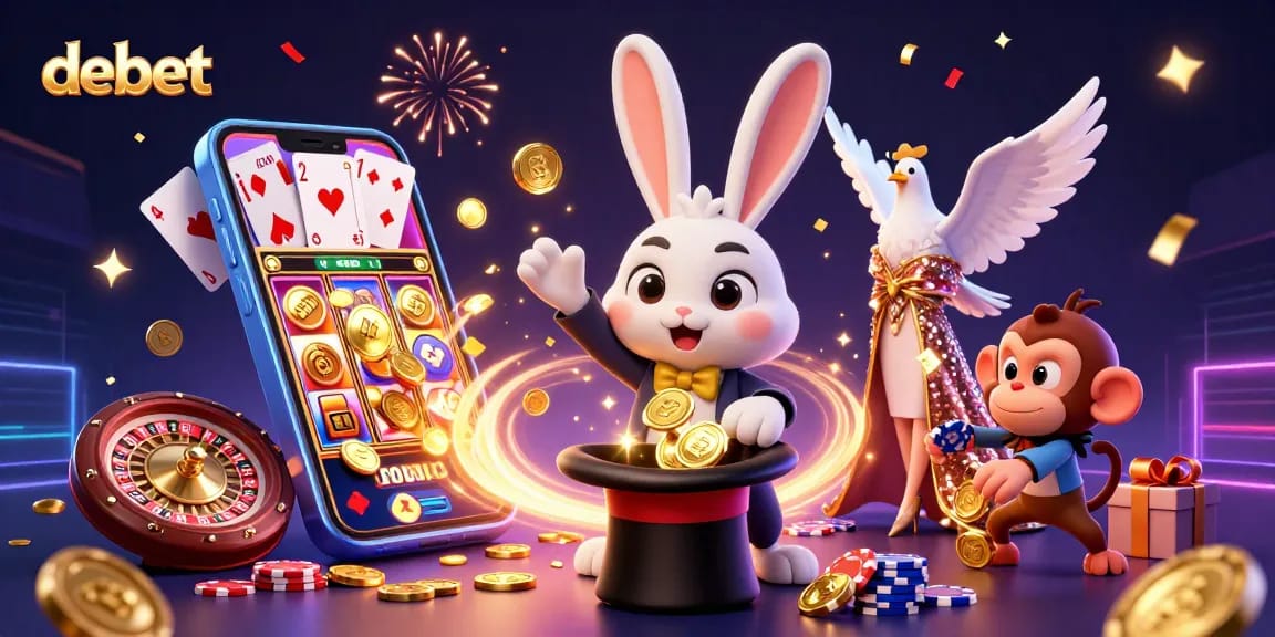 Experience the magic of debet as a magician rabbit reveals golden coins amidst a vibrant casino scene.