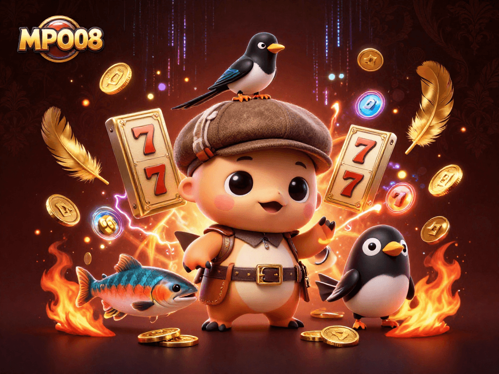 MPO08 brings engaging slots experiences with baby Nessie, a magpie, and salmon, surrounded by dynamic casino elements.