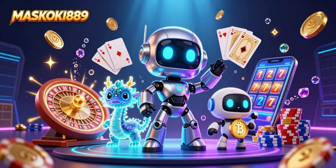 Engage in thrilling casino action at MASKOKI889 with a vibrant 3D illustration showcasing gaming excitement.