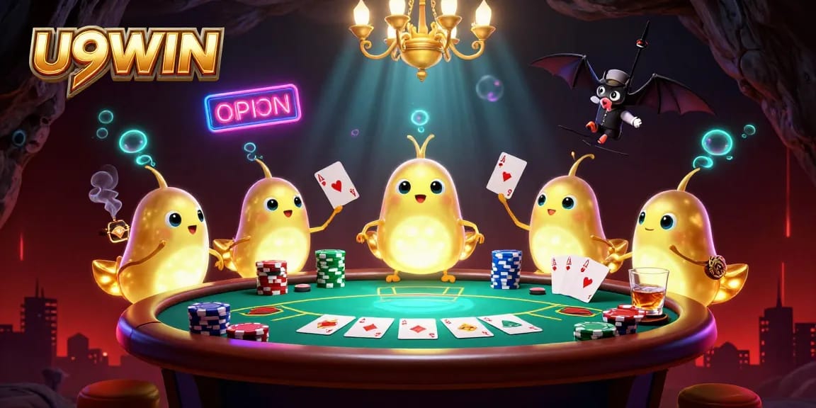Experience the excitement of U9WIN as glowworms illuminate a vibrant casino scene filled with poker elements.