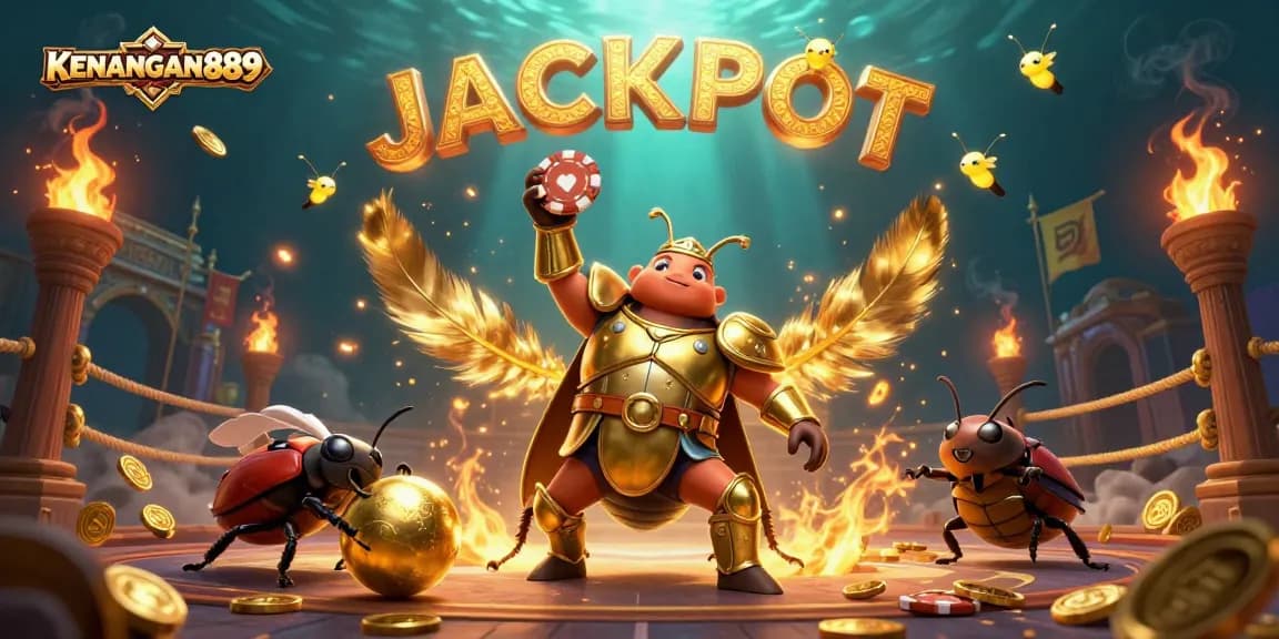 KENANGAN889 celebrates winning moments in slots with playful beetle heroes and glowing jackpot lights.