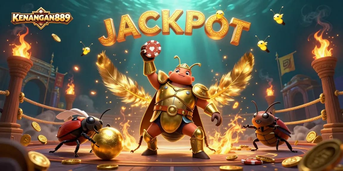 KENANGAN889 celebrates winning moments in slots with playful beetle heroes and glowing jackpot lights.