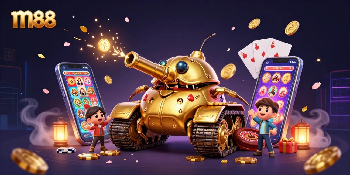 Engage in exhilarating gaming action with m88 in this vibrant, detailed casino illustration.