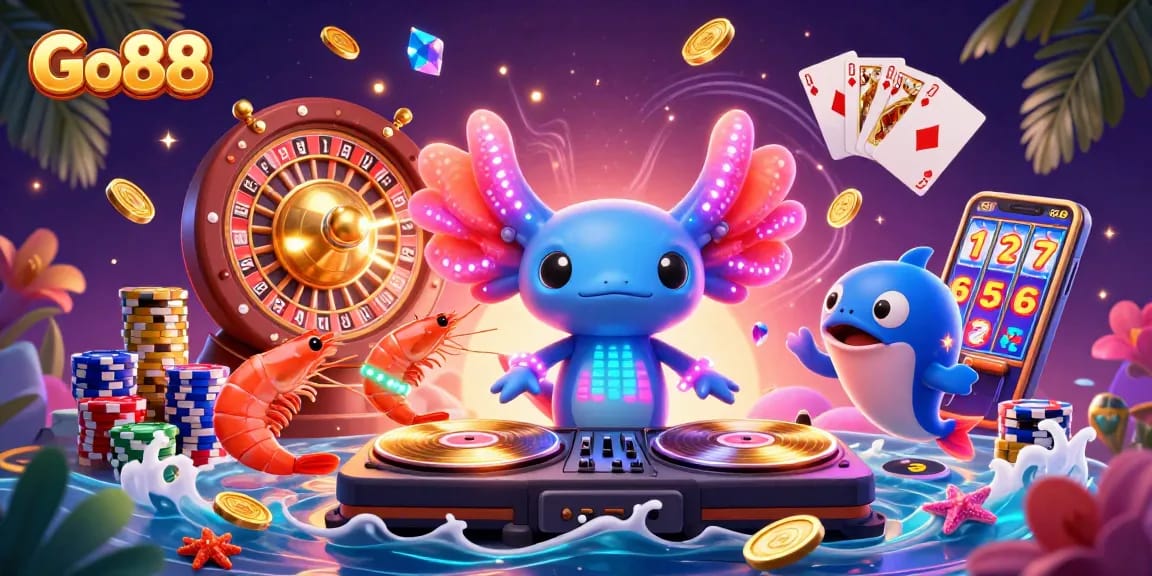 Go88 showcases an exciting underwater casino scene with vibrant characters in a dynamic illustration.