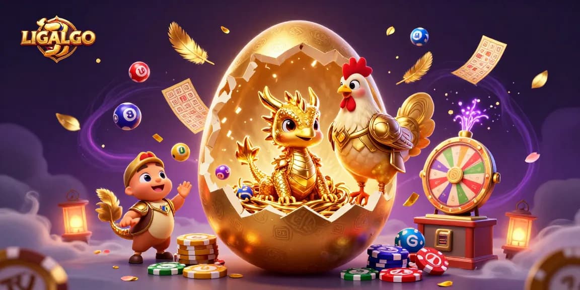 LIGALGO's golden dragon emerges from an egg surrounded by vibrant lottery elements and casino symbols, showcasing a thrilling gaming experience.