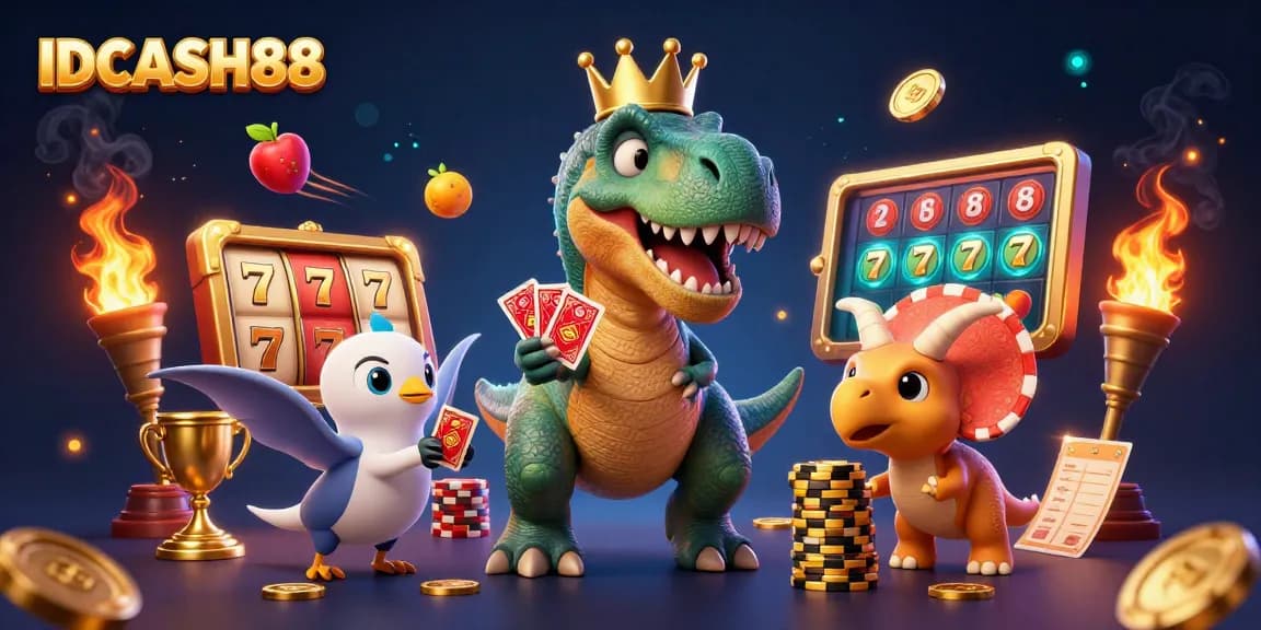 Experience gaming excitement with IDCASH88, featuring a cartoon T-Rex shuffling cards and colorful slot elements.
