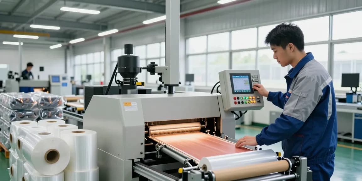 Shrink wrapping machine in operation, showcasing packaging efficiency in industrial setting