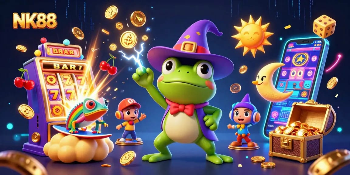 Engage with NK88's thrilling 3D casino scene featuring vibrant characters and jackpot elements.