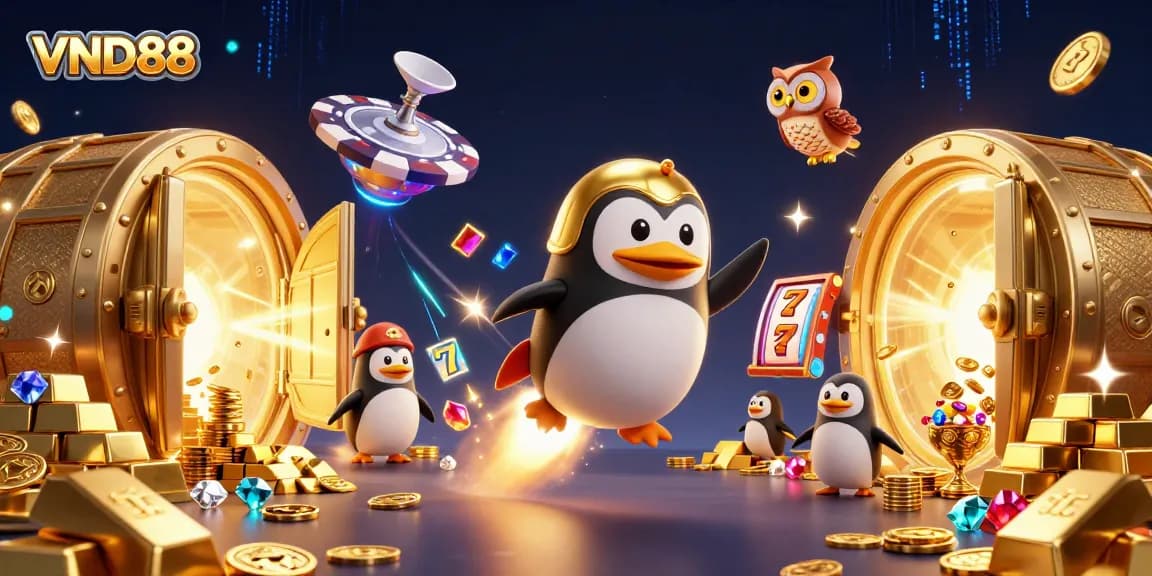 Experience thrilling gameplay at VND88 with a penguin racing towards a stunning casino!