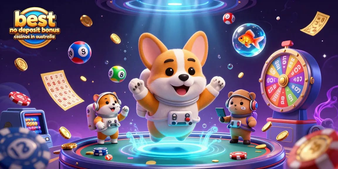 Engage in the universe of the best no deposit bonus casinos in australia with a vibrant 3D illustration featuring a corgi and games.