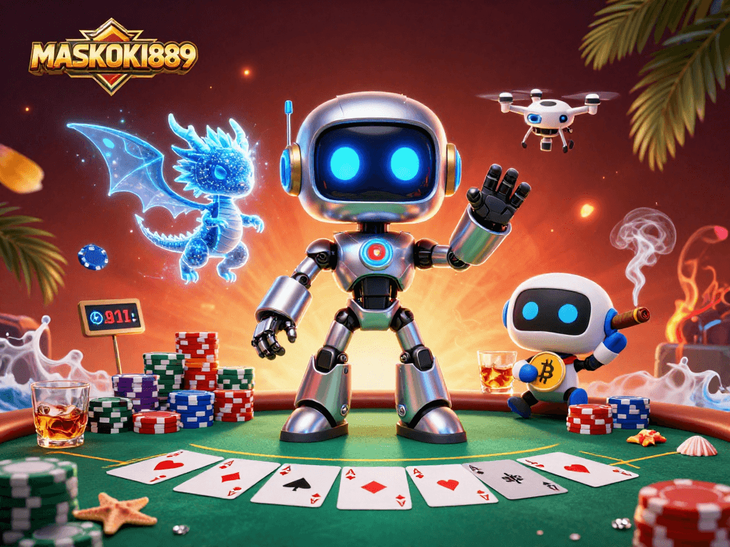 Experience the thrill of MASKOKI889 with dynamic poker action and vibrant characters in a vibrant casino setting.