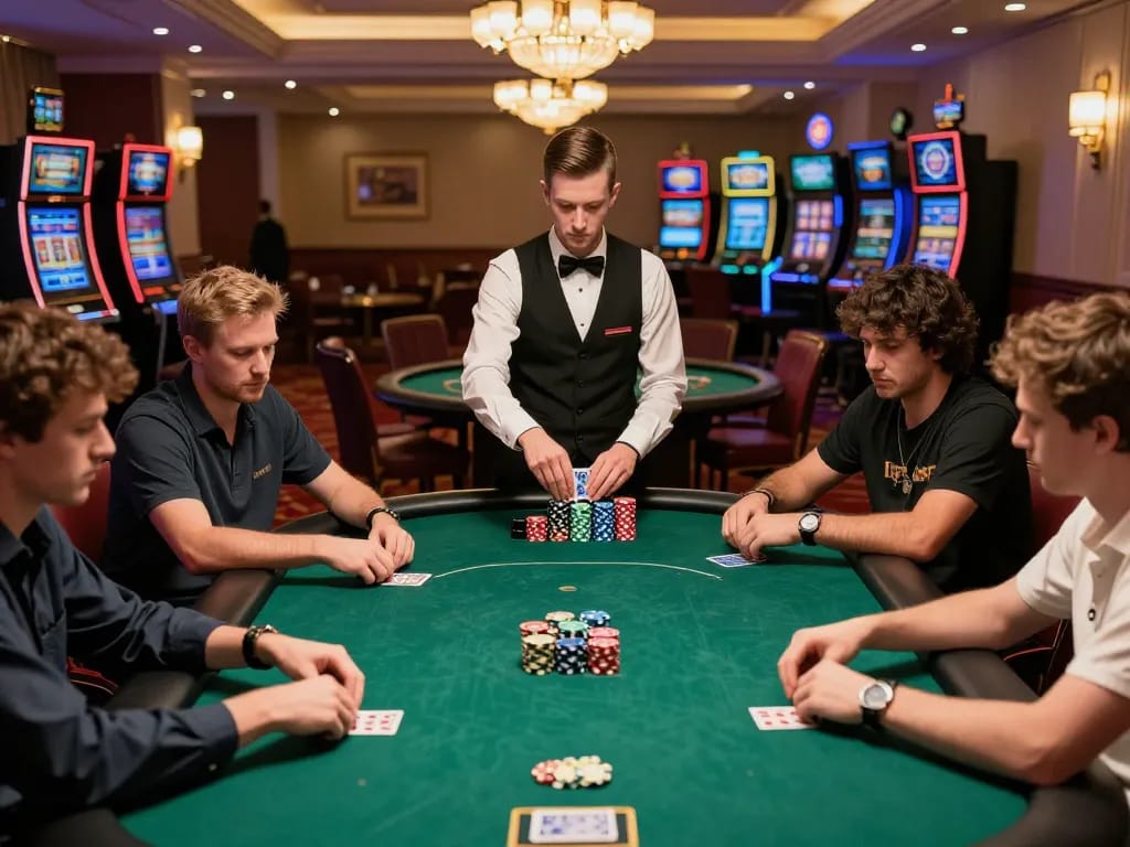 F8bet players placing bets at a dynamic poker table in an upscale casino setting.