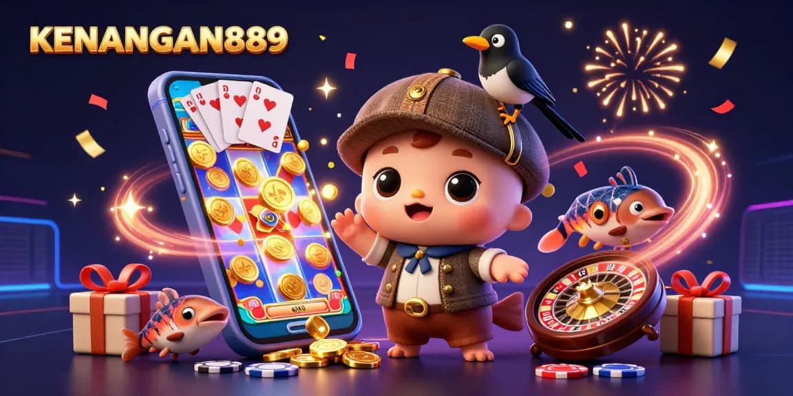 Join the fun with KENANGAN889's thrilling slot game experiences showcased in vibrant 3D art.