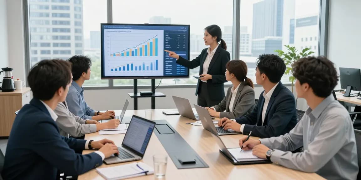 Réunion en cours avec des professionnels discutant des stratégies CIBC business en milieu de travail dynamique.