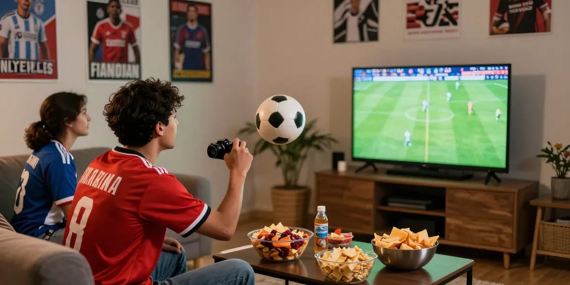 مشجع كورة لايف يشاهد مباراة مباشرة في منزله مع أجواء احتفالية