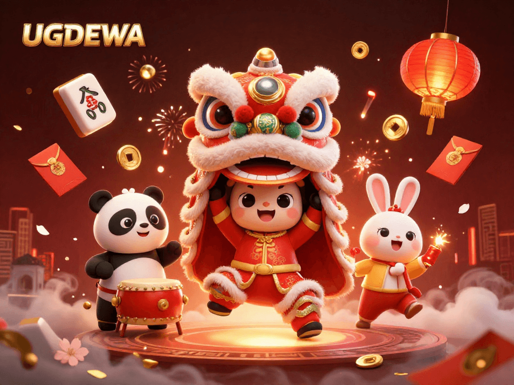 Experience the excitement of UGDEWA with a vibrant lion dance scene, showcasing dynamic gaming elements and rich visuals.