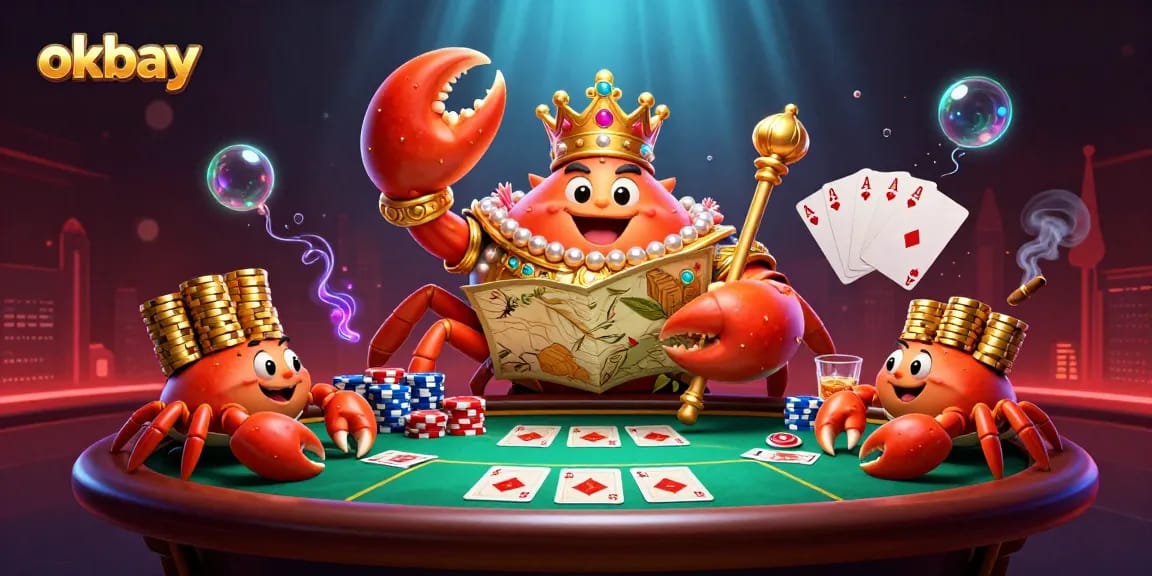 Play exciting games at okbay and win with the golden crab emperor in a vibrant casino scene.