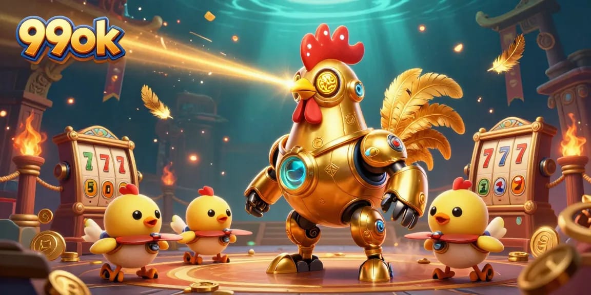 Engage with 99ok through captivating 3D slots gameplay featuring a golden rooster robot.