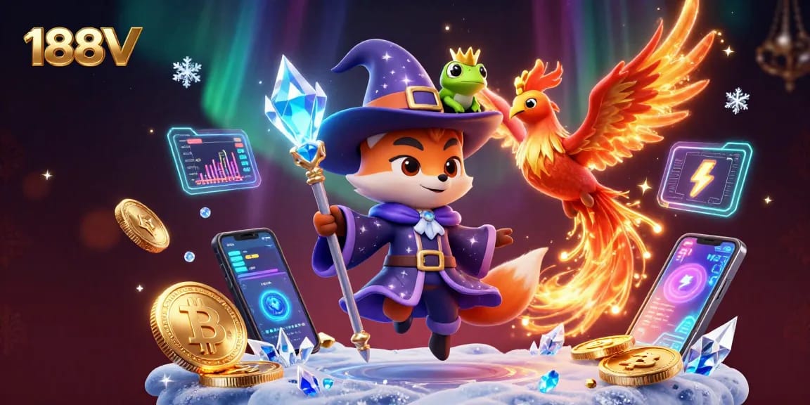 Engage with 188V's enchanting gaming world featuring vibrant characters and crypto elements.