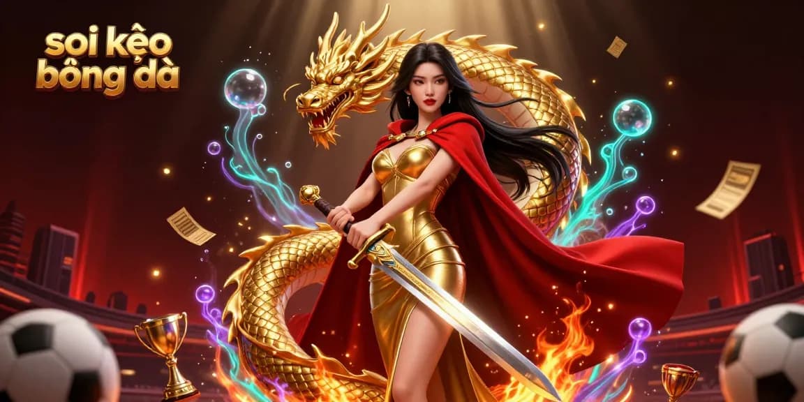 Bet and analyze soi kèo bóng đá with a striking Asian warrior queen and dynamic sports elements.
