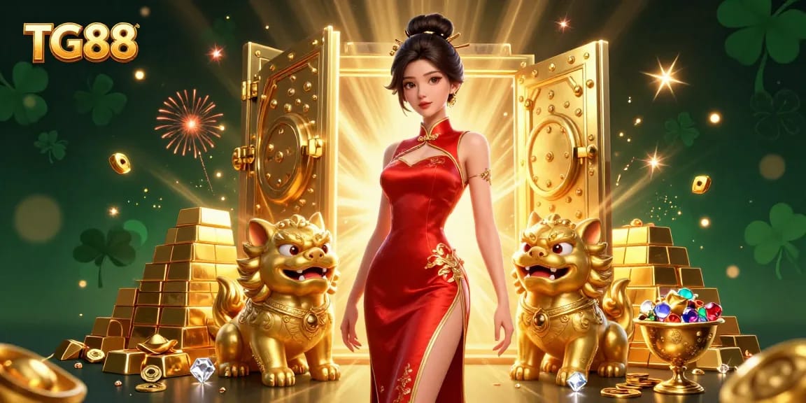 Experience excitement with TG88's vibrant casino illustration featuring an elegant woman and lucky symbols.