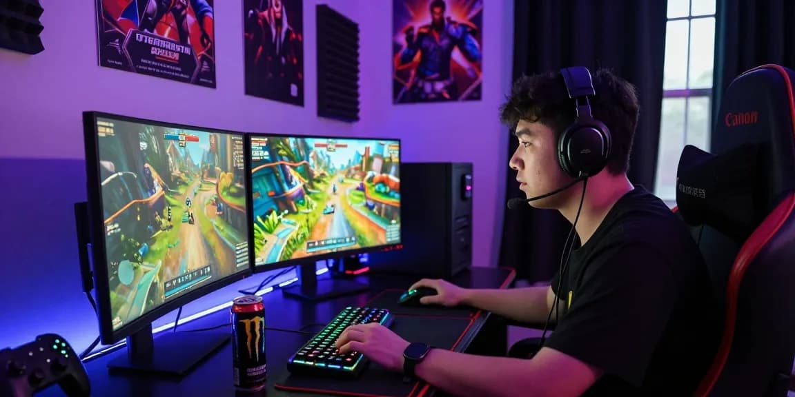 Competitive gamer in immersive gaming setup with PROOFCORE cheats displayed on multiple monitors.