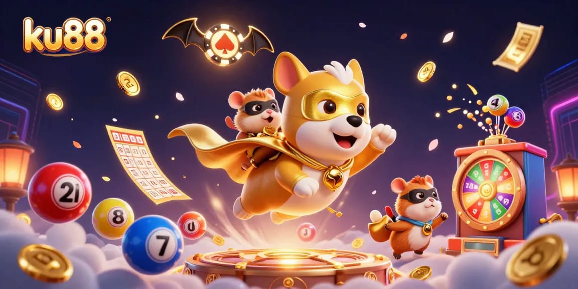 ku88 brings excitement with a superhero dog and lotto actions in a vibrant casino scene