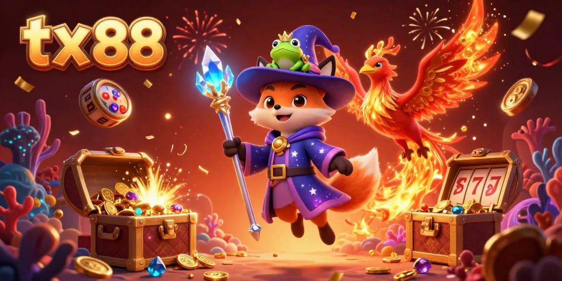 Engage with tx 88 and experience a vibrant casino adventure featuring a wizard fox, phoenix, and treasure.