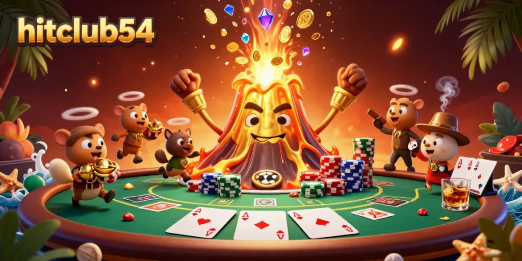 Experience hitclub54's thrilling atmosphere with a vibrant golden volcanic scene erupting treasure and poker excitement.